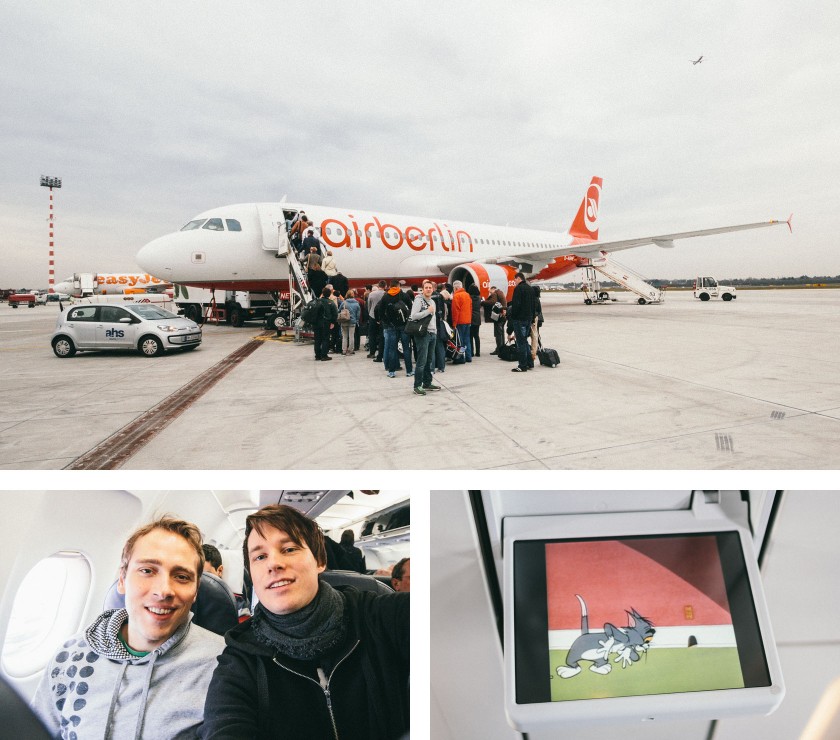 Wir fliegen mit Air Berlin ab Düsseldorf. In der Maschine laufen Tom & Jerry Cartoons.