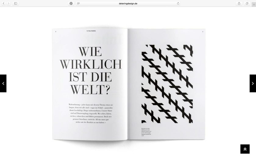Screenshot der deteringdesign.de Webseite mit einem aufgeschlagenen, freigestellten Magazinlayout.