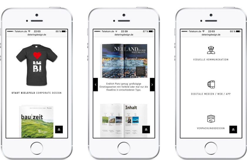Eine responsive Webseite exemplarisch in drei Smartphones dargestellt